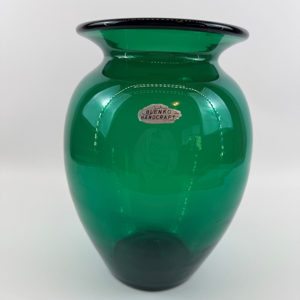 Vintage Blenko 431L Emerald Green Hand Blown Glass Vase Original Foil Sticker